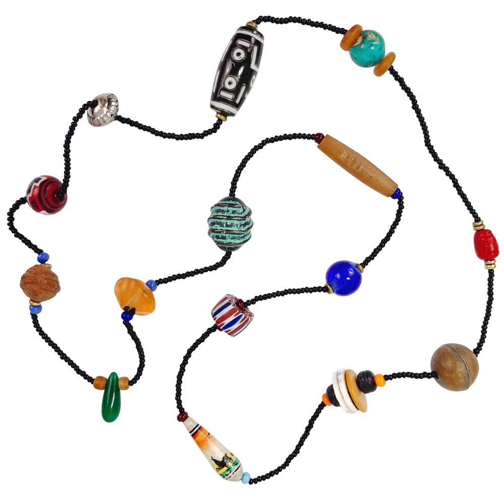 Vintage Artisan Beaded Necklace Mixed Glass Wood Ceramic Boho Trade Bead Jewelry